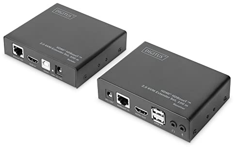 DIGITUS HDMI KVM Extender - 4k/60Hz - Transmitter & Receiver - HDBaseT 2.0 - HDMI 1.4 - USB 2.0 - Range up to 100m - Patch cable from Cat 6A