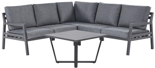 Beliani Garten Ecksofa mit Tisch 5-Sitzer Dunkelgrau Aluminium L-förmig | Metall, Grau, Für 5 Personen, Sitzhöhe 36 cm, Pulverbeschichtet, Für den Außenbereich, 200 x 200 x 70 cm, 100% Polyester