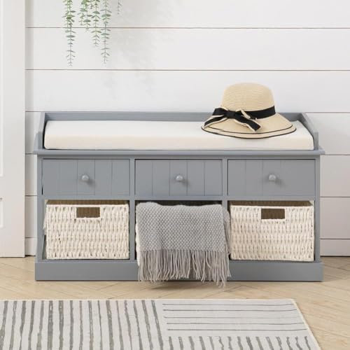 Warmiehomy Storage Bench with 3 Drawers and 3 Wicker Baskets, Fully Assembled Storage Cabinet with Padded Seat Cushion for Hallway Bedroom Living Room, Blue-Grey