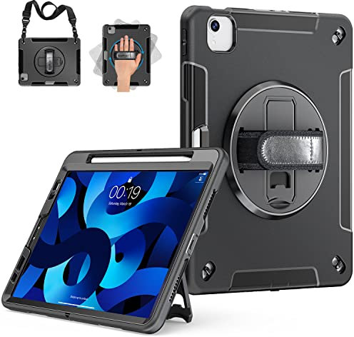 Gralifcare Hülle für iPad Air 5.Generation: Robuste Schutzhülle für iPad Air 10.9 2022 Stoßfeste Case in Militärqualität für iPad Air 5/4 mit Stifthalter-360°Drehbarer Ständer–Schultergurt-Schwarz…