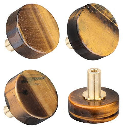KYEYGWO 4 Stück Tigerauge Runde Kristall Möbelknöpfe mit Schraube, Heilung Stein Schubladenknöpfe Messing Schrankknöpfe Edelstein Kommodenknöpfe Kreisförmig Ziehgriff Haus Decor Türknöpfe