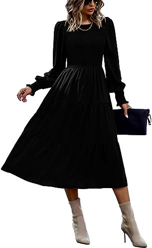 VOGMATE Damen Casual Smocked Kleid Langarm Rundhalsausschnitt High Waist Tiered Midi Kleid, Schwarz XL