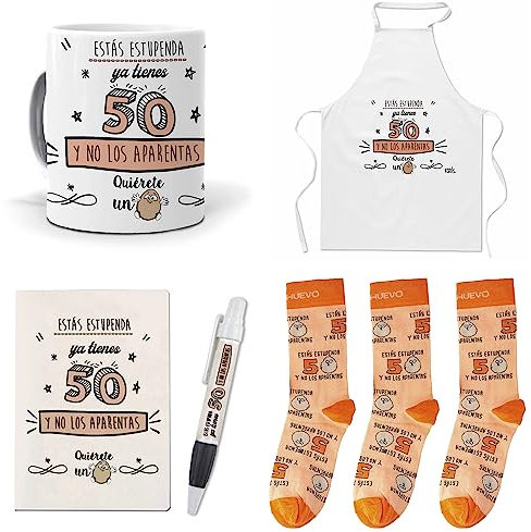 mundohuevo Que Regalar para 50 cumpleaños Mujer. Ya Tienes 50 y no los aparentas. Taza,Delantal, libreta, boli y Trio de Calcetines
