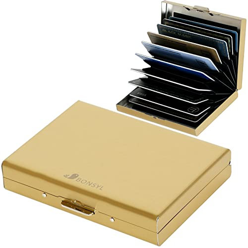 BONSYL® Porte Carte de Crédit pour Hommes et Femmes, Portefeuille Carte de Crédit Fin en Métal avec Blocage RFID avec 10 Compartiments en PVC. (10 Cartes/Or)