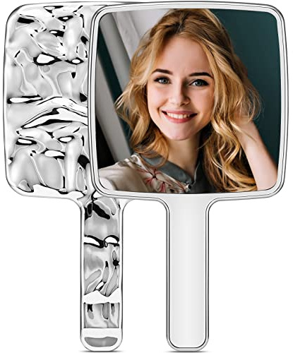 MIRRORNOVA Handheld Mirror, Water Ripples Hand Mirror with Handle for Make up, Square, Silver,Large
