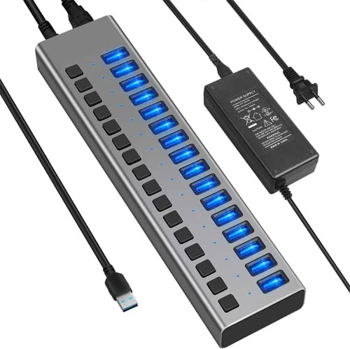 Used-Powered USB Hub 16 Ports 90W USB 3.0 Data Hub - Mit Individuellen EIN-/Ausschaltern und 12V/7.5A Netzteil für Laptop, PC, Computer, Mobile HDD, Flash Drive und Mehr
