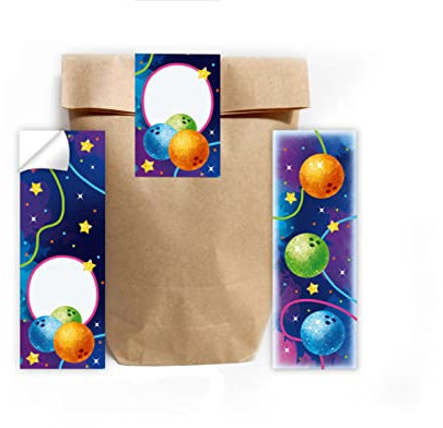 12 Lesezeichen + 12 Geschenktüten (Natur) + 12 Aufkleber Bowling Bowling-Party Mitgebsel Gastgeschenk beim Kindergeburtstag Jungen Mädchen