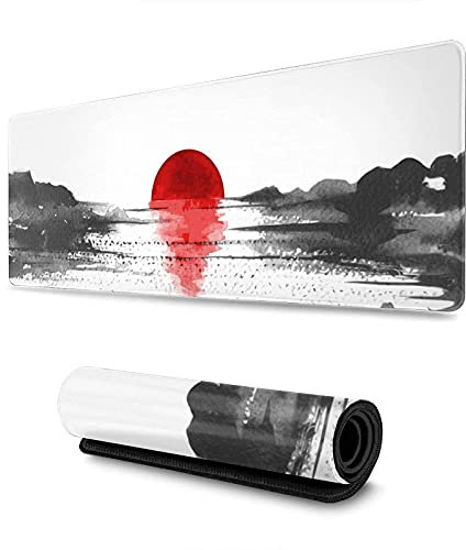 Gaming Mouse Pad, Black and White Cherry Blossom Extended Large Mouse Mat Desk Pad, 3 mm Thick Long Non-Slip Rubber Stitched Edges Mouse pad (31.5 X 11.8 Inch) (Sunset)