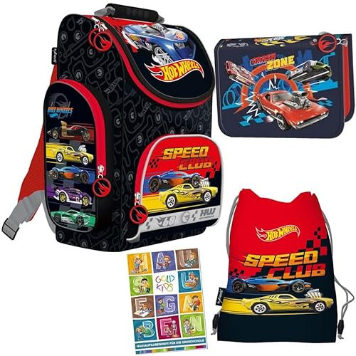Goldkids Schulranzen Set Hot Wheels Ranzen Federmappe Turnbeutel Aufgabenheft für die Grundschule 4er Set. Geeignet ab der ersten Klasse der Grundschule