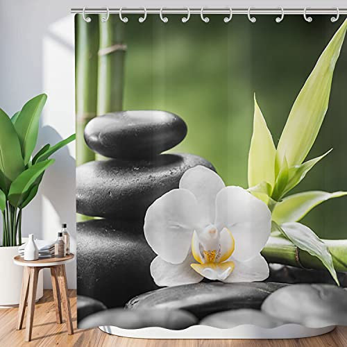 Hnmdmyi Rideau de Douche Zen Jardin 180x180, Spa Bambou Vert Pierre Noire Fleur Blanche Rideau de Baignoire Méditation Japonaise Détente Tissu étanche Lavable Rideau de Bain avec Crochets