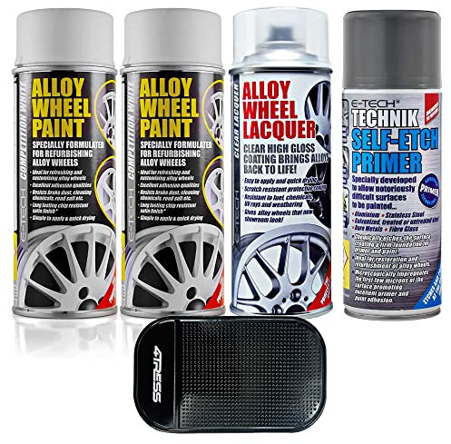 4TRESS E-Tech 2 x 400ml Competition White Chip Resistant Alloy Wheel Spray Paint, 1 x Clear Lacquer Car Alloy Wheel Paint, 1 x 400ml Self Etch Grey Primer Non Slip Car Dash Mat
