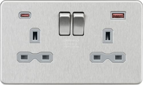 Knightsbridge 13A 2G DP Switched Socket with Dual USB A+C [45W FASTCHARGE] - Brushed Chrome with grey insert