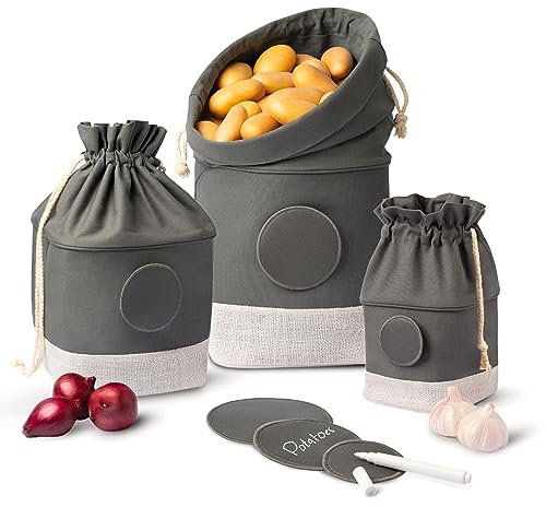 Praknu Kartoffel Aufbewahrungsbox 3er-Set - Nachhaltige Jute-Aufbewahrungsbeutel - Luftdurchlässig & Langlebig - Geräumige Lagerung - Inkl. Etiketten & Stift