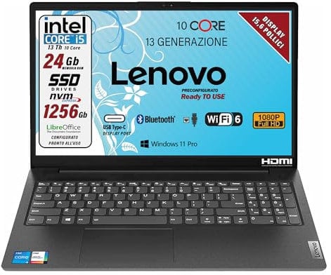 Lenovo, Pc portatile notebook, Cpu Intel i5 13Th, 13420H 8 Core, 24 Gb ram, Full HD 15,6, SSD Pci Nvme da 1 TeraByte, webcam, usb, Win 11, pronto all'uso, garanzia Italia