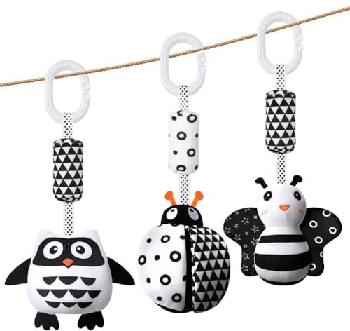 Aolso Kinderwagen Spielzeug, 3Pcs hängendes Rasselspielzeug, schwarz-weißes Spielzeug, Baby-Hängespielzeug, Neugeborenes Autositz-Spielzeug für Jungen und Mädchen, sensorisches Lernspielzeug