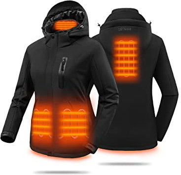 HEWINZE Beheizbare Jacke damen mit kapuze,softshell warme winterjacke damen mit akku 7.4V ，motorrad jacke für Outdoor Wandern Jagd Motorrad Camping