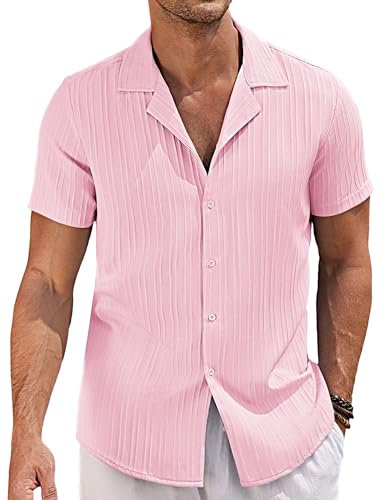 COOFANDY Camicia da uomo a maniche corte estiva per il tempo libero Kuban, colletto hawaiano, camicia a maniche corte a righe Guayabera, Rosa medio, S