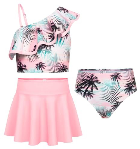 GRACE KARIN Mädchen Dreiteiliges Bikini Set Verstellbarer Schultergurt Tankini Hawaiian Strand Bademode Rosa Palme 10 Jahre