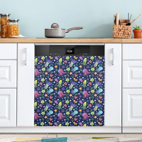 Magnetic Cover for Dishwasher Colorful Jellyfish on Navy Blue Magnetic Dish Washer Cover Refrigerator Decals 23 x 26 Inch