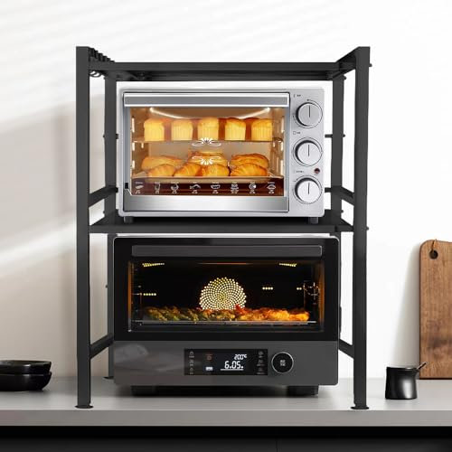 Mikrowellenregal (3 Stufiges) Maximale Stabilität, da rutschfeste & Gummierte Füße - Ausziehbares Mikrowellen Regal 40-64cm Erweiterbares Mikrowellen Regal mit 6 Haken (3 Etagen,Schwarz)