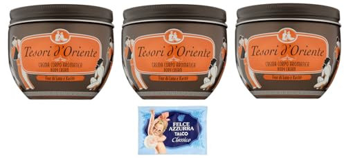 3er-Pack Tesori d’Oriente Crema Corpo Fior di Loto e Karitè,Körpercreme Lotusblume und Shea,300ml + 1er-Pack Kostenlos Felce Azzurra Talkumpuder, 100g-Beutel