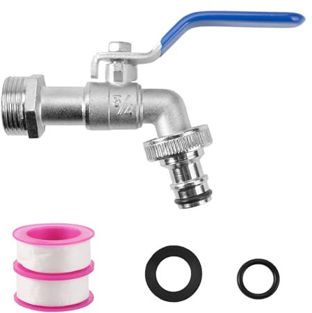 Wasserhahn 3/4 Zoll,Wasserhahn Garten 3/4 Zoll,Auslaufhahn 3/4 Zoll,Wasserhahn Aussen,Kugelauslaufhahn,Gartenwasserhahn,Außen Wasserhahn mit 2 Schlauchanschlüsse + 2 Trommeldichtband,für Regentonne