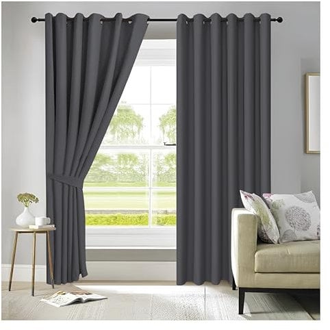 APEX FURNISHINGS Charcoal Blackout Curtains for Bedroom 108 Inch Drop Thermal Insulated Eyelet Curtains & Drapes for Window Treatment & Living Room, 2 Panels (90x108 Inches)