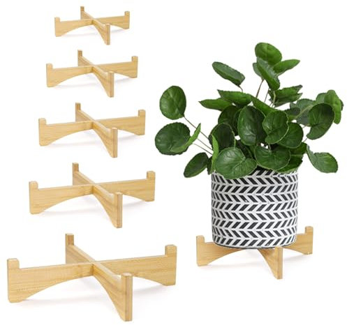 Roucerlin Set of 5 Short Wooden Plant Stand 5 Size, Single Floor Flower Planter Stand, Outdoor Clearance Plant Holders Indoor Stand, Mid Century Modern Plant Stand Riser Shelf for Display (Nature)