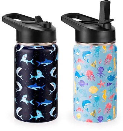 Kids Insulated Water Bottle, 2 Pack 12oz Shark & Under the Sea Water Bottles Bulk with Flip Straw, Gifts for Kids Boys Girls to School Travel Sports, Hands Wash Only, Blu