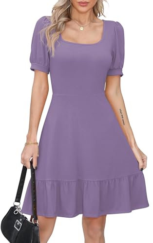 Missufe Robe d'été pour femme - Robe patineuse à volants - Manches bouffantes - Manches courtes - Swing - Robe de loisirs, lilas, XL