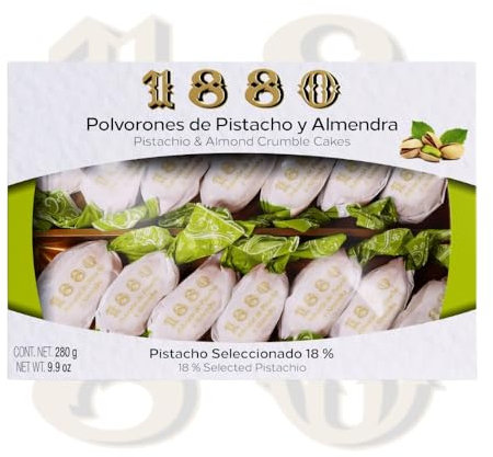 1880 - Polvorones de Pistacho y Almendra, Calidad Suprema, Típico Dulce Navideño, Receta Artesanal, Envase Individual, Polvorones Tradicionales, Elaborado con Almendras Seleccionadas, 280 Gramos