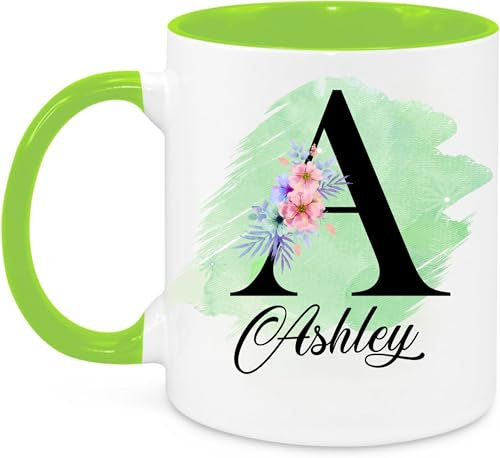 EKAM Personalised Mug, Coloured Inner and Handle Mug Stylish Initial with Name, Gift for Valentine’s, Birthday, Christmas Day for Mom, Dad, Kids, Friends or Girls, 11oz Coffee/Tea Cup (Light Green)