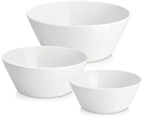 MALACASA Serie REG, servierschalen Set,Salatschüssel,Müslischale Groß, Suppenschalen mit Breitem Durchmesser, Schüssel Set aus Porzellan, Ramen Schüssel, Weiß, 3er Pack