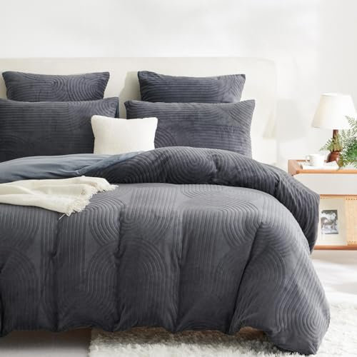 Tospass Plüsch Bettwäsche 135x200cm 4tlg Grau Jacquard Flanell Samt Biber Winterbettwäsche Warme Cashmere Touch Fleece Flauschig Bettbezug 2 Deckenbezug mit Reißverschluss und Kissenbezug 80x80cm