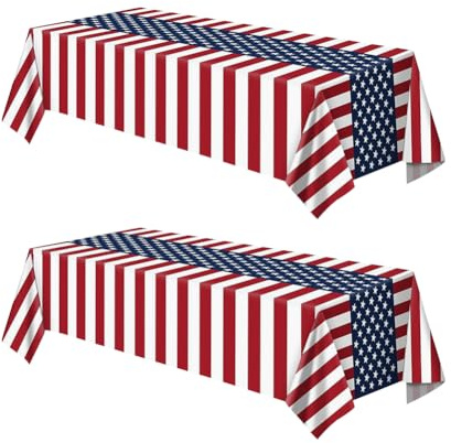 Tischdecke mit USA-Flagge, patriotisches Thema, Tischdecke 4. Juli, Tischdecke, Rot, Weiß, Blau, Kunststoff-Tischdecke, 4. Juli, Tischdekorationen für den Unabhängigkeitstag, 137 x 274 cm, 2 Stück