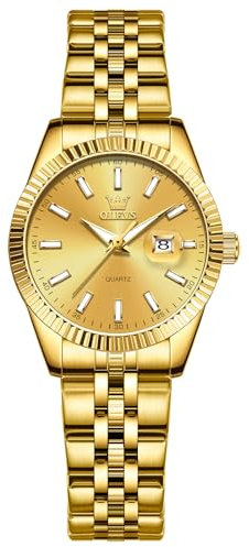 OLEVS Gold Uhren Damen Klein Luxus Edelstahl Damenuhren Wasserdicht Schöne Analog Kleid Armbanduhren für Damen Metallarmband Moderne Leuchtend Quarz Damenarmbanduhren mit Datum Geschenke für Frauen