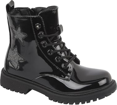 A2Z 4 Kids Girls Patent Ankle Boots Lace Up Zip Fastening Chunky Sole Glitter - Shoes Starburst Black 12 UK CH
