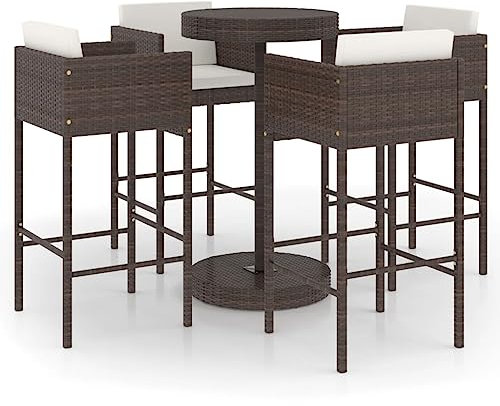 Outdoor Poly Rattan Bar-Set mit rundem Tisch & 4 gepolsterten Hockern, wetterfest & leicht zu reinigen, Braun mit cremeweißen Kissen