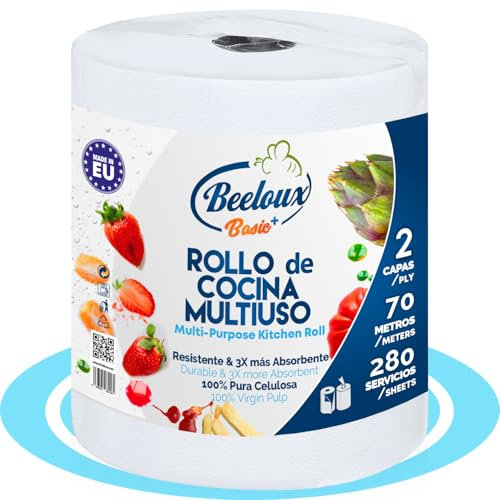 BESTLINE Rollo Cocina Papel Multiuso de 2 Capas, Resistente y Muy Absorbente, Hecho con Celulosa Pura, Hasta 280 Usos por Rollo, 70 metros, 1 Rollo