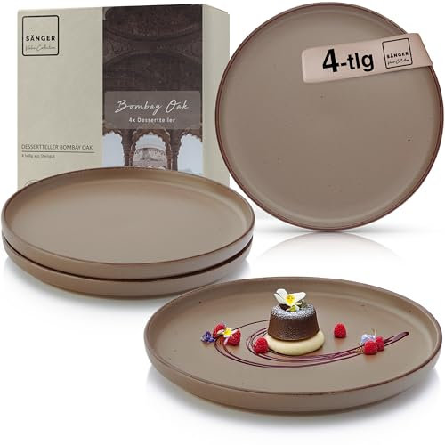 Sänger Bombay Oak | Dessertteller 4 teilig, Steingut Frühstücksteller 4 Personen, Kuchenteller kleine Teller spülmaschinenfest mikrowellenfest, Steingut Geschirr braun | VALUE COLLECTON