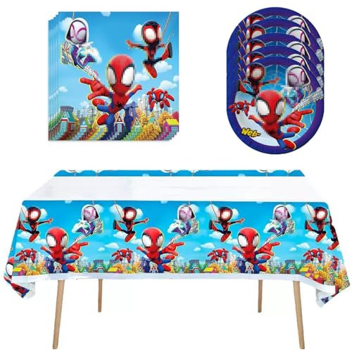 31 Pack of Blue Birthday Party Supplies, 1 Large Table Cloth 10 Plates 7 inch and 20 Napkins (Red)