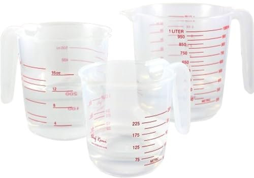 NTEK Measuring Jugs Set of 3 – 250ml, 500ml, 1000ml Clear Plastic Measuring Cups – BPA Free, Stackable Jugs with Handle – Easy Read Markings – UK & US Measurements – Ideal for Cooking & Baking