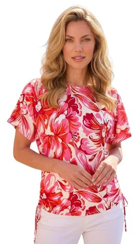 Roman Originals Abstract Ruched Side Stretch Top for Women UK - Ladies Everyday Holiday Spring Summer Round Neckline Comfy Soft Evening Vacation Work Party - Pink - Size 12