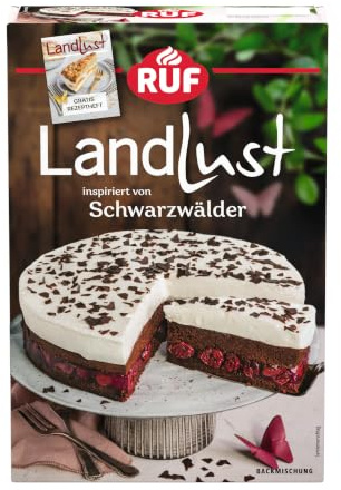 RUF Landlust Schwarzwälder Kirsch Torte, Backmischung für klassischen Kuchen mit Zartbitterschokoladenraspeln, schnell & einfach zubereitet, inkl. gratis Rezeptheft
