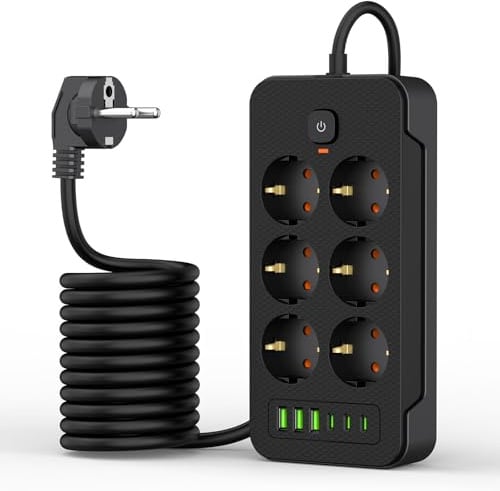 Mehrfachsteckdose mit USB C, SNYZPN Steckdosenleiste mit Schalter 6 Fach, 2M Kabel Verlängerungskabel mit Steckerleiste Überspannungsschutz, 3680W Wandmontage, für Büro Schreibtisch Schwarz