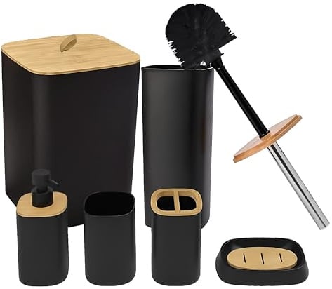 DIVCHI 6 Pieces Bathroom Accessories Set Luxury Accessory Sets Bathroom Bin And Toilet Brush Set Toothbrush Holder Tumbler Soap Dish Trash Can Soap Dispenser Bath Set Gift (Black)