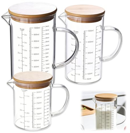 GOMETY 3 Stück Messbecher Set aus Glas, Größen 350ml 500ml 1000ml Messbecher Glas mit Präzise Skala Bambusdeckel Silikondichtung Hitzebeständig Borosilikatglas Ideal zum Küche Backen Kochen Mischen