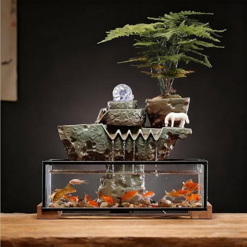 Fontana d'acqua da tavolo con ciotola per pesci e base in legno, relax zen per interni per casa e ufficio
