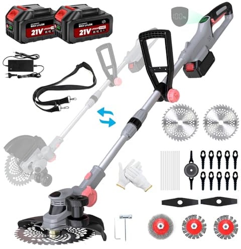 Akku Rasentrimmer mit Akku und Ladegerät, 21V Rasentrimmer für Makita Akku, Freischneider Akku - Inkl. 2 X 4.0Ah Batterie, Rasentrimmer mit Unkrautbürste, 90° Schwenkbarer Kopf, für Garten(Grau)