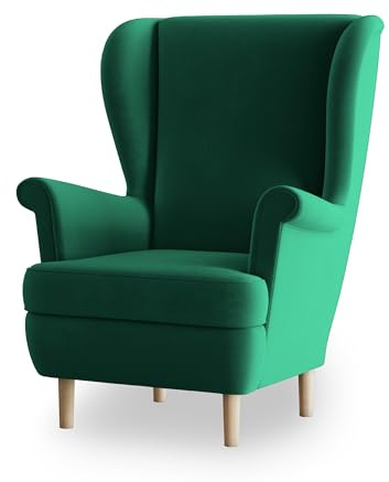 Masseno Ohrensessel LENTIO, Lounge Sessel im Glamour Stil mit Armlehnen, Komfort Polsterstuhl für Esszimmer, Wohnzimmer, Bein aus Holz, Kronos 19